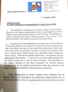 PRESS STATEMENT: Nigerian Army Responds to the Lekki Shootings of 20-10-2020 5